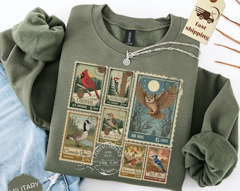 Vintage Bird Sweatshirt Birdwatcher Shirt Retro Bird Stamp Sweater Nature's Lovers Gifts Bird Nerd Sweatshirt Backyard Bird Shirt Outdoor