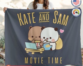 Kawaii Custom Anime Blanket Names, Couple Anime Bubu Blanket, Movie Time Sherpa Plush, Dudu Kawaii Personalized Blanket, Couple Gift Bear
