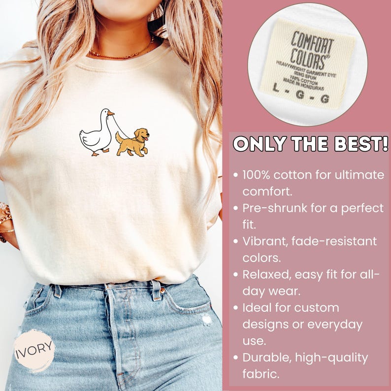 Pu&ograve; includere: T-shirt color avorio con un disegno a cartoni animati di un'anatra e un cane. Realizzata in 100% cotone, la maglietta ha una vestibilit&agrave; rilassata. L'etichetta recita "Comfort Colors".