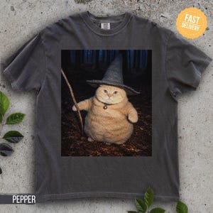May include: A charcoal gray t-shirt featuring a graphic print of a fluffy orange cat wearing a pointed wizard hat and a small bell collar. The cat is standing in a dark forest setting and holding a thin wooden staff in its right paw.