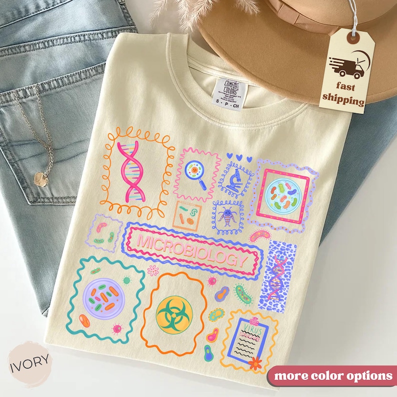 May include: Ivory-colored sweatshirt featuring a colorful microbiology-themed design. The design includes various scientific illustrations, such as DNA strands, microscopes, and bacteria, framed in decorative borders. The word "MICROBIOLOGY" is prominently displayed.