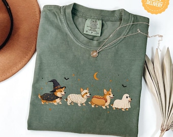 Halloween Corgi Costumes Comfort Colors Shirt, Cute Spooky Season Corgi Dog Graphic T-Shirt, Retro Fall Dog Lover Tee Corgi Dog Lover Mom