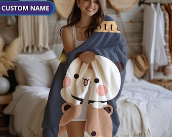 Personalized Couple Blanket Bubu Anime Gift, Custom Name Couple Gift Plush Throw, Kawaii Dudu Gift, Couple Anniversary Gift, Gift for Her