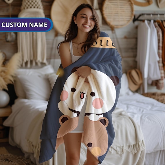 Personalized Couple Blanket Bubu Anime Gift, Custom Name Couple Gift Plush Throw, Kawaii Dudu Gift, Couple Anniversary Gift, Gift for Her