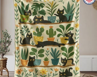Funny Cats and Plants Blanket Cat Lover Sherpa Cat Plant Lady Gifts Succulent Plush Throw Gardener Cat Mom Gift Greenery Blanket Cat Blanket