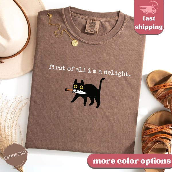 Comfort Colors Funny Black Cat Shirt I'm a Delight Tshirt First of All Tee Vintage Retro Sarcastic Shirt Funny Cat Mom Gifts Funny Women's
