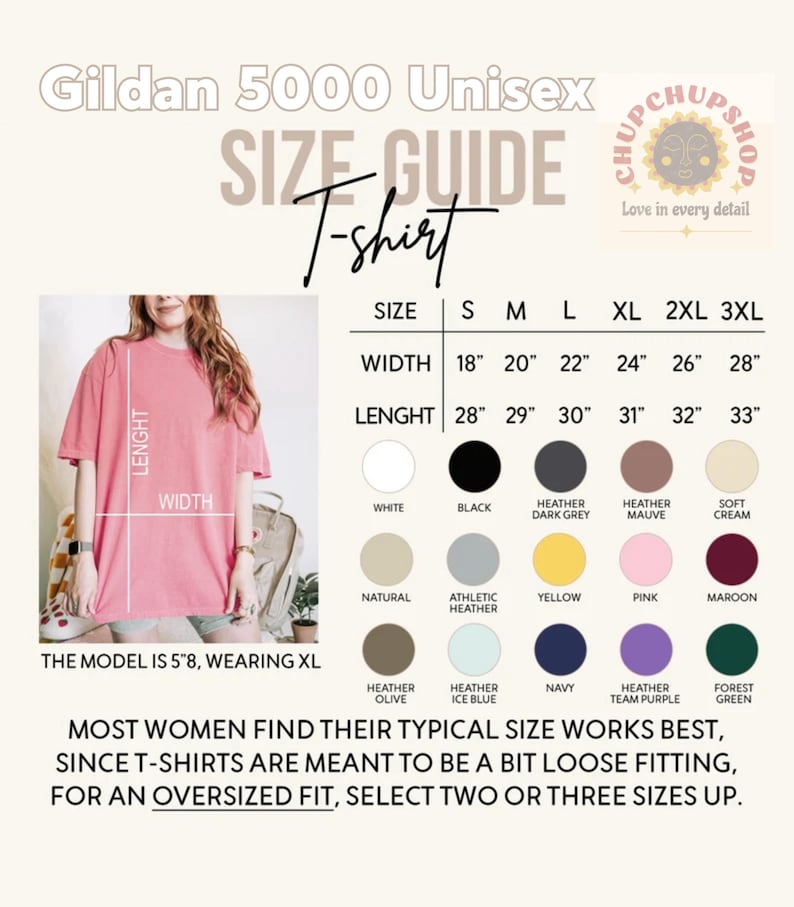 以下が含まれることがあります： Gildan 5000ユニセックスTシャツのサイズガイド。Sから3XLまでのサイズの幅と長さの測定値を表示するチャート。白、黒、ヘザーグレーなどの色があります。モデルは身長173cmでXLを着用しています。