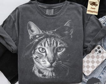 T-shirt chat rappeur Comfort Colors, style gangster Y2K, vintage et drôle, hip-hop, grunge, cadeau pour papa ou maman chat années 90