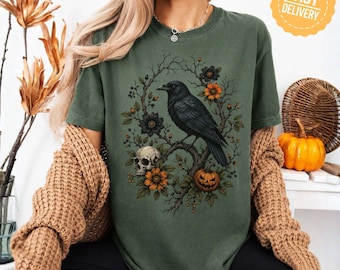 Comfort Colors Vintage Raven Shirt Halloween Cottagecore Tee Crow and Floral Tshirt Dark Nature Shirt Witchy Aesthetic Gift Spooky Bird Tee