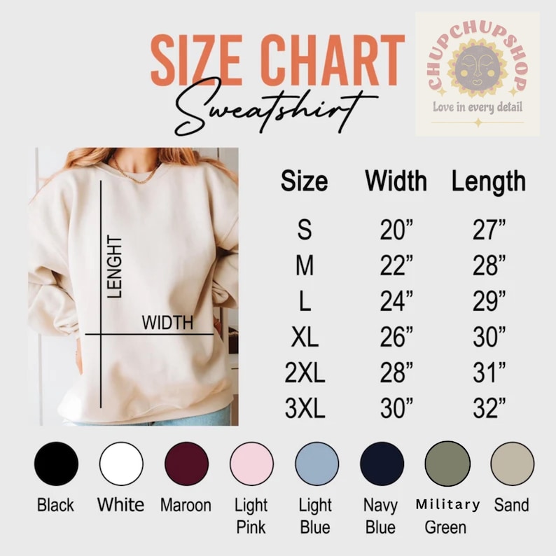 Peut inclure: Tableau des tailles de sweat-shirts, avec des mesures pour les tailles S &agrave; 3XL. Le tableau comprend la largeur et la longueur en centim&egrave;tres, ainsi qu'une palette de couleurs : noir, blanc, bordeaux, rose clair, bleu clair, bleu marine, vert militaire et sable.
