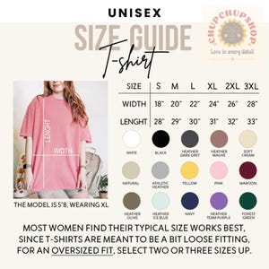 Pu&ograve; includere: Una guida alle taglie di t-shirt unisex con misure in pollici. La guida include le misure di larghezza e lunghezza per le taglie S-3XL. Le campionature di colore sono visualizzate sotto la tabella delle taglie, con il testo "La maggior parte delle donne trova che la propria taglia tipica funzioni meglio, poich&eacute; le t-shirt sono pensate per essere un po' larghe, per una vestibilit&agrave; oversize, seleziona due o tre taglie in pi&ugrave;."