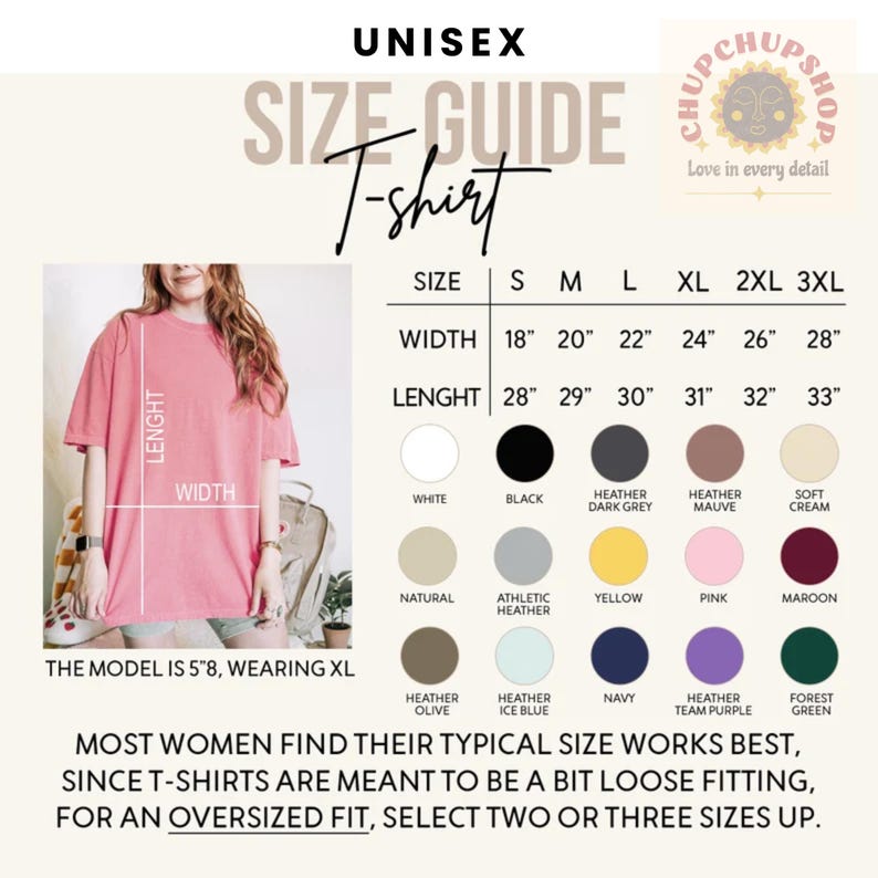 Pu&ograve; includere: Una guida alle taglie di t-shirt unisex con misure in pollici. La guida include le misure di larghezza e lunghezza per le taglie S-3XL. Le campionature di colore sono visualizzate sotto la tabella delle taglie, con il testo "La maggior parte delle donne trova che la propria taglia tipica funzioni meglio, poich&eacute; le t-shirt sono pensate per essere un po' larghe, per una vestibilit&agrave; oversize, seleziona due o tre taglie in pi&ugrave;."