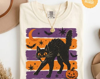 Comfort Colors Black Cat Halloween Shirt Funny Pumpkin Cat Sweatshirt Spooky Season Cat Mom Tee Witchy Animal Lover Gift Feral Cat Mama