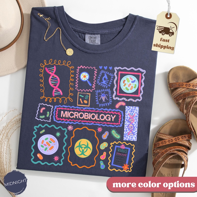 May include: Midnight blue t-shirt with a colorful microbiology design. The design includes a DNA strand, a microscope, and the word "MICROBIOLOGY". The shirt also has a tag that says "fast shipping".