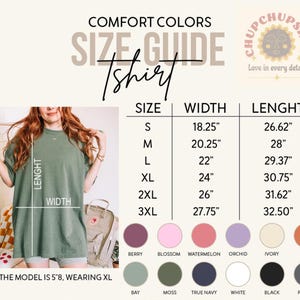Peut inclure: Un guide des tailles de t-shirt avec des mesures en pouces pour la largeur et la longueur. Le guide comprend les tailles S &agrave; 3XL, avec les mesures correspondantes. L'image montre &eacute;galement un mod&egrave;le portant un t-shirt XL et une palette de couleurs.