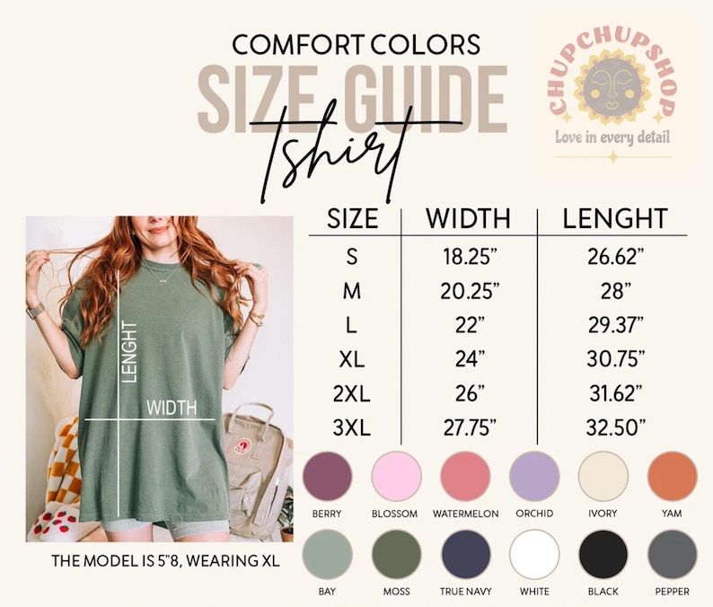 Peut inclure: Un guide des tailles de t-shirt avec des mesures en pouces pour la largeur et la longueur. Le guide comprend les tailles S &agrave; 3XL, avec les mesures correspondantes. L'image montre &eacute;galement un mod&egrave;le portant un t-shirt XL et une palette de couleurs.