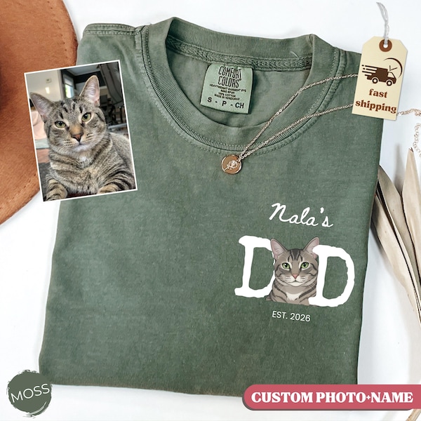Comfort Colors Custom Cat Dad Shirt Pet Portrait Tee Personalized Cat Name and Photo Shirt Personalized Cat Dad Gifts for Father's Day Shirt