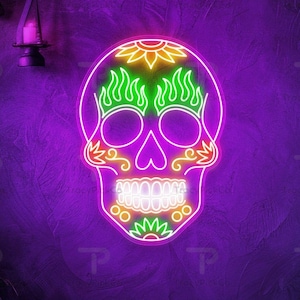 Sugar Skull Neon Sign Custom Sugar Skull Mexican LED Light Calavera Decoration Mexican Decor Sign Day Of The Dead Dia De Los Muertos Decor
