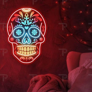 Custom Sugar Skull Neon Sign Day of the Dead LED Light for Halloween Wall Decor Dia de los Muertos Party or Gothic Home Mexican LED Light