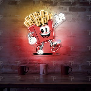 Retro Mr French Fries Neon Sign – Zabawna lampa ścienna LED French Fry do baru szybkiej obsługi, baru z przekąskami, food trucka lub restauracji typu fast food