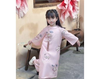 Ao Dai Kids Modern Embroidered Butterfly Floral Pink Silk Vietnamese Dress For Girls Comfortable Straight Fit Year Round Full Set Included
