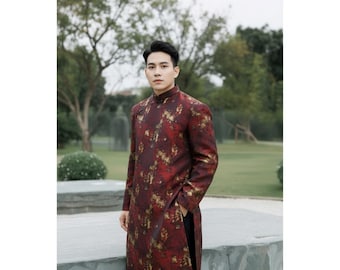Men Ao Dai Red | Green Gold Metallic Brocade Vietnamese Traditional Dress Double Layer Modern Outfit