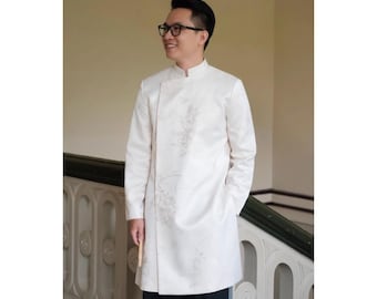 Ao Dai Men Wedding Modern Groom Beige Brocade Silk Vietnamese Ao Dai Cach Tan For Engagement Tea Ceremony Custom Made Tailored