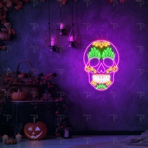 Sugar Skull Neon Sign Custom Sugar Skull Mexican LED Light Calavera Decoration Mexican Decor Sign Day Of The Dead Dia De Los Muertos Decor