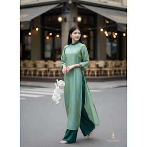 Ao Dai Women Modern Straight Fit Wedding Tea Ceremony Tet Set Silk Dress Custom Sizes S to XXL Gift Ready Green Silk New Color Available