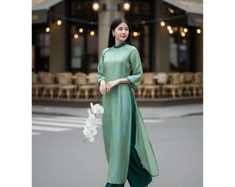 Modern Green | Pink | Yellow | Silk Ao Dai Dress: Wedding, Tea Ceremony, Tet Celebration