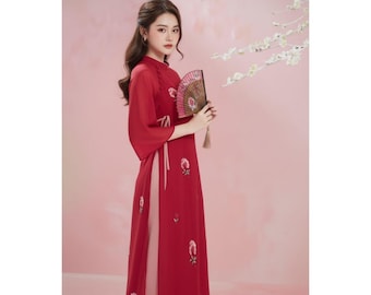 Ao Dai Women Embroidered Floral Chiffon Organza Crepe Relaxed Straight Fit Modern Tet Full Set Elegant Vietnamese Tunic Easy To Wear Style