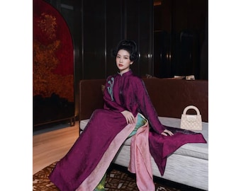 Ao Dai Women Modern Four Panel Loose Fit Shimmer Silk Purple And Pink Vietnamese Traditional Dress  For Tet And Events New Arrival 2026
