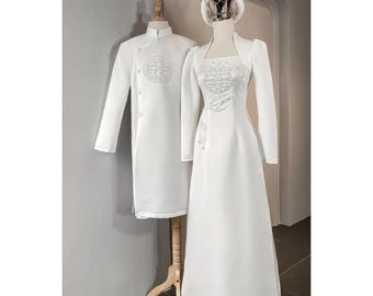 White Vietnamese Wedding Ao Dai Couple Bridal Tea Ceremony Engagement Bride And Groom Traditional Premium Matching Outfit Custom