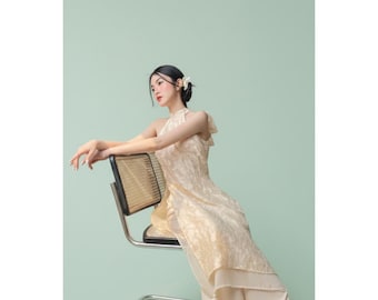 Ao Dai Yem Modern Halter Vietnamese Dress Beige Silk Jacquard Custom Fit S–XXL For Tet Festival Photoshoot Bridal Tea Ceremony Handmade