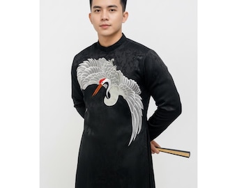 Men Ao Dai Wedding Tea Ceremony Black Brocade Crane Embroidery Traditional Vietnamese Ao Dai Groom Outfit Modern Fit Handmade Elegant