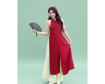 Plus Size Ao Dai Women Modern Halter Yem Linen Red Outfit Side Slit Pearl Button Vietnamese Dress Photoshoot