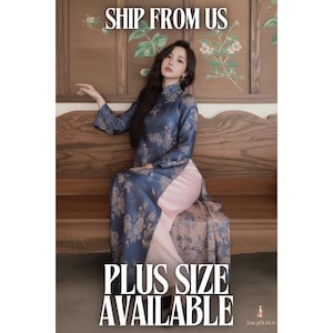 Ao Dai Women Modern Long Dress Traditional Vietnamese Brocade Silk Blue Crane Floral Long Sleeve Elegant Pre-Order Plus Size 5-6 Weeks