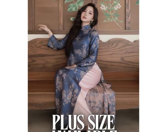Ao Dai Women Modern Long Dress Traditional Vietnamese Brocade Silk Blue Crane Floral Long Sleeve Elegant Pre-Order Plus Size 5-6 Weeks