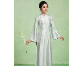 Traditional Ao Dai Women Modern Flare Sleeve Bow Silk Brocade Green Pink Pants Vietnamese Ao Dai For Tet Ceremony Elegant Custom Size