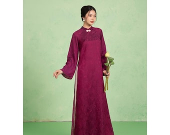 Modern Ao Dai Women Magenta Brocade Silk Straight Fit Bell Sleeve Hidden Zipper Bow Collar Tet Outfit Ao Dai Women New Arrival 2026