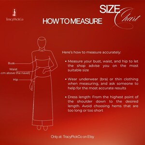 May include: Red graphic with the text "SIZE Chart" and "HOW TO MEASURE". A diagram shows how to measure bust, waist, and hip. Instructions advise measuring for the most suitable size and dress length. The Etsy shop name is included.