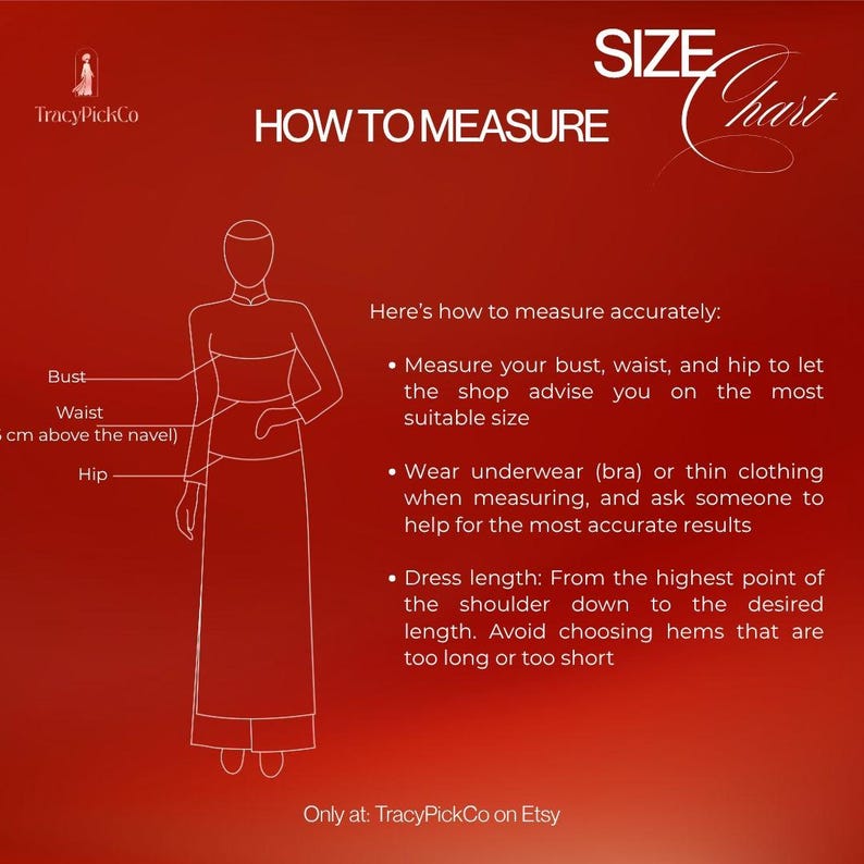May include: Red graphic with the text "SIZE Chart" and "HOW TO MEASURE". A diagram shows how to measure bust, waist, and hip. Instructions advise measuring for the most suitable size and dress length. The Etsy shop name is included.