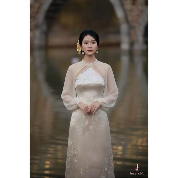 beige traditional dresses Ao Dai Women Tet Modern Design Sheer Silk Sleeves Brocade Bodice Vietnamese Dress With Pearl Round Neck Detail dupatta styling allows seamlessly Women's size:0 Indo western category: Party Edit Tommy Hilfiger black short