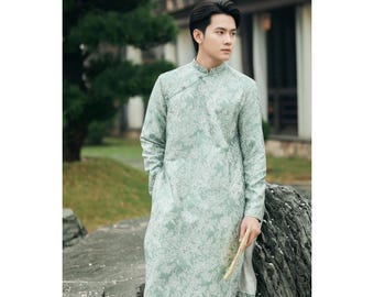 Ao Dai Men Traditional Tet 2026 Vietnamese New Year Outfit Tafta Embroidered Fabric Light Green Com Color Custom Size Made To Measure Dress