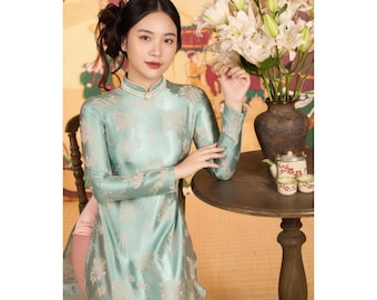 Traditional Vietnamese Ao Dai Dress Silk Brocade Pink | Mint | Green Floral Ao Dai Women Long Sleeve Elegant A Line Tea Ceremony Plus Size