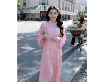 Plus Size Ao Dai Women Modern Long Dress Traditional Vietnamese Brocade Pink | Blue | Light Blue Crane Floral Pre-Order 5-6 Weeks