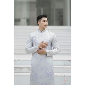 Ao Dai Men Groom Modern Brocade Pattern High Collar Tailored Fit Tassel Button Charm Custom Size For Wedding Tea Ceremony