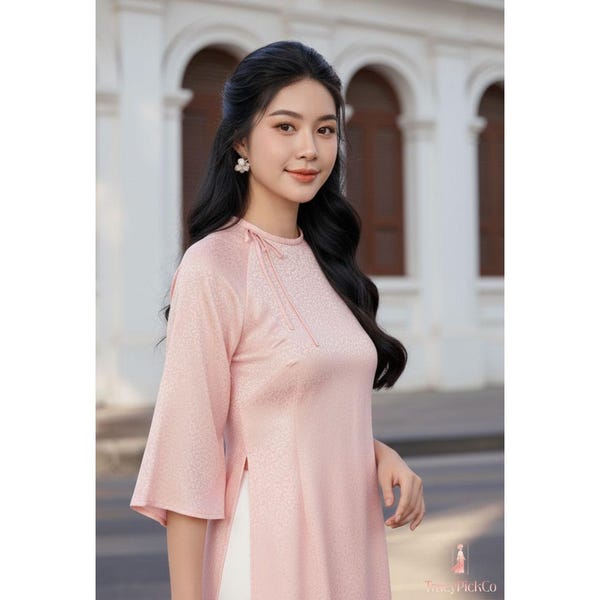 Modern Ao Dai Women Pink Brocade Jacquard Vietnamese Traditional Dress Bow Neckline Loose Fit Custom Size S XXL Elegant For Tet Wedding