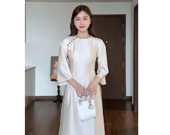 Ao Dai Traditional Silhouette Pearl Silk Fitted Waist Knotted Collar Button Detail Vietnamese Dress Wedding Ceremony Ao Dai Women