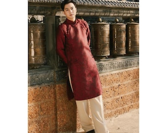 Men Ao Dai Traditional Modern Design Burgundy Taffeta Long Tunic Mandarin Collar Faux Plackets Knot Buttons Back Zipper For Wedding 2026